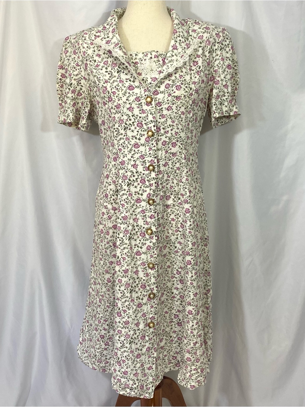 Vintage Ms Basia California White Floral Midi Dress Size 12 Petite Short Sleeve